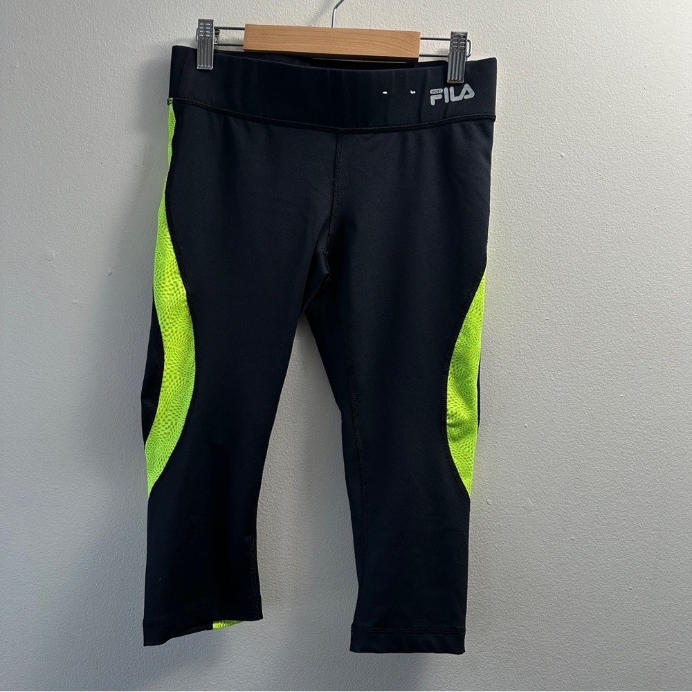 FILA Sport Women’s Running Capri Leggings Black Neon Lime Reflective Panels XS